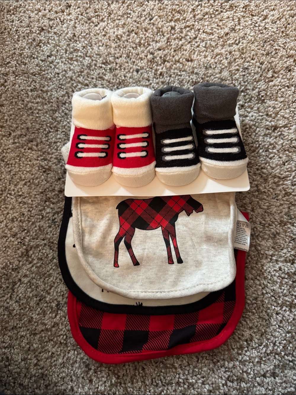 Baby Sock Shoe Set with Red and Black Plaid Bibs